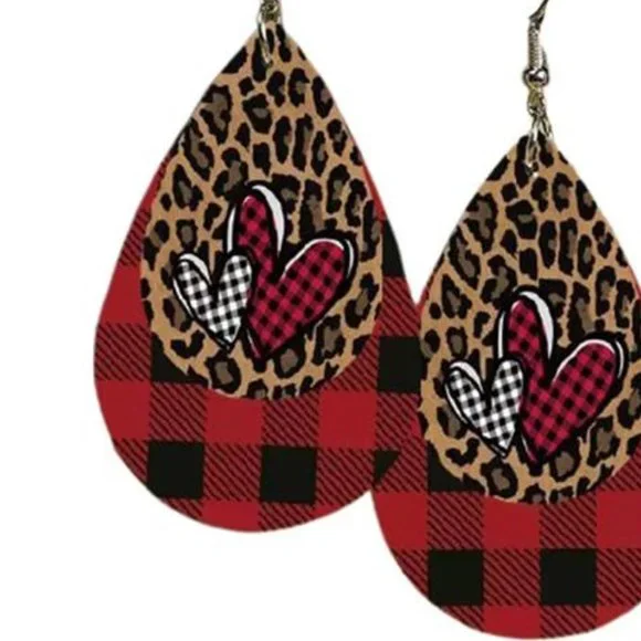 Heart Earrings Red Buffalo Plaid Leopard Dangle Drop Dangling Valentines Jewelry - Picture 2 of 3